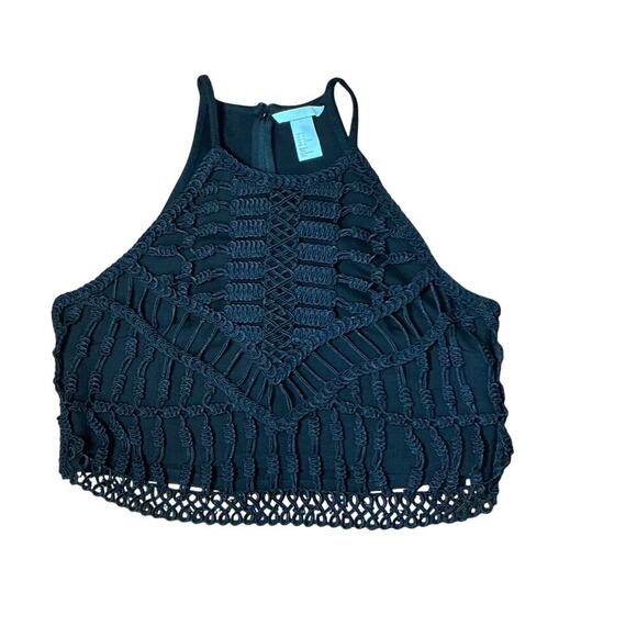 H&M Ribbon Embroidered Black Crochet Halter Woven Cropped Top Women's Medium - Picture 2 of 8